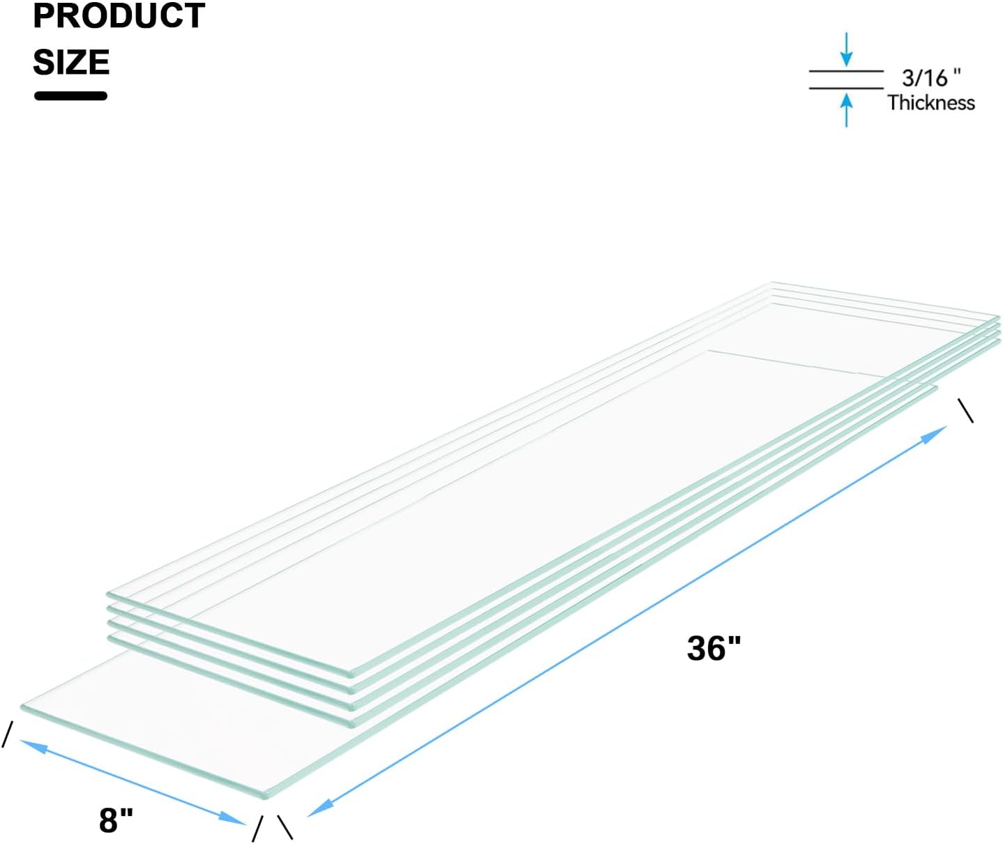 08" W x 36" L - Tempered Rectangle Glass Shelf Without Frame (5 Pieces Set) - 3/16" Thick -Pencil Polished