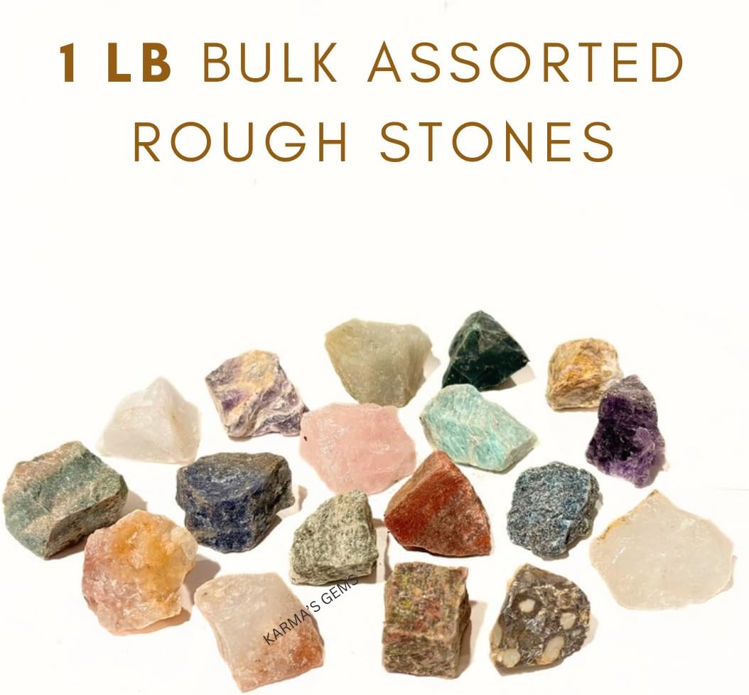 1 LB Bulk Rough Mix Crystals -17 Different Gemstone - 2000+ Carat - Natural Raw Stones for Tumbling, Cabbing, Fountain Rocks, Decoration, Polishing, Wire Wrapping, Wicca & Reiki - 1 Inch+ Size