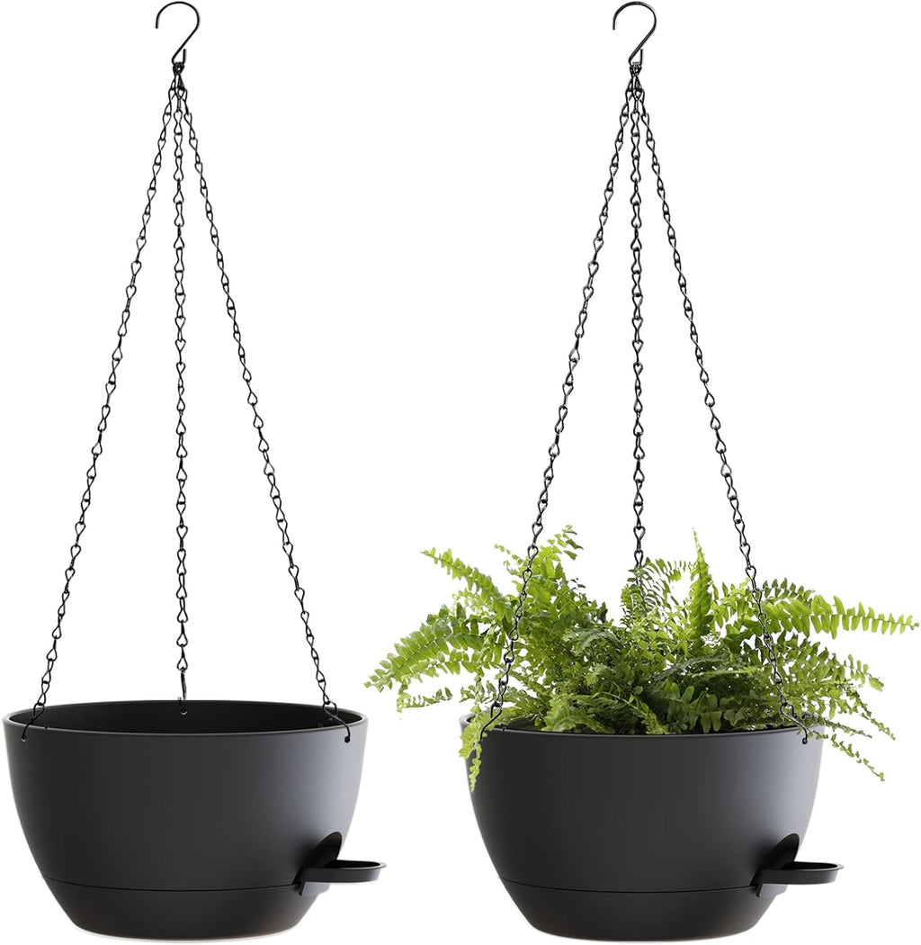 10 Inch Hanging Baskets 2 PC with Chains, Self-Watering Hanging Planters for Indoor Outdoor Plants, Plastic Hanging Flower Pots,Black