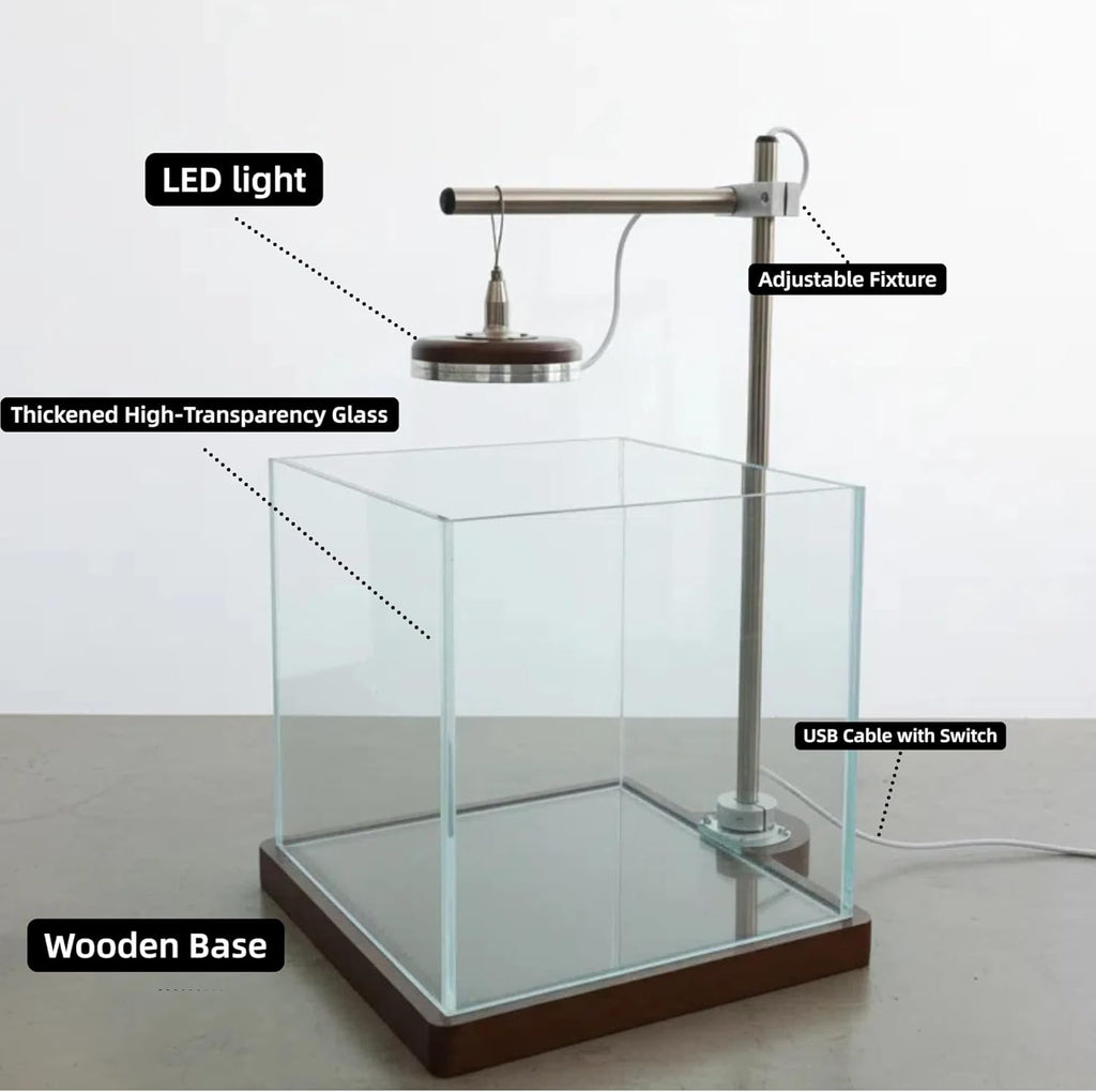 1.8 Gallon Small Fish Tank with LED Light & Wood Stand - 8 Inch Nano Aquarium Betta Tank Starter Kit - Includes Cleaning Tool, Cloth & Mat for Desktop, Office, Bedroom