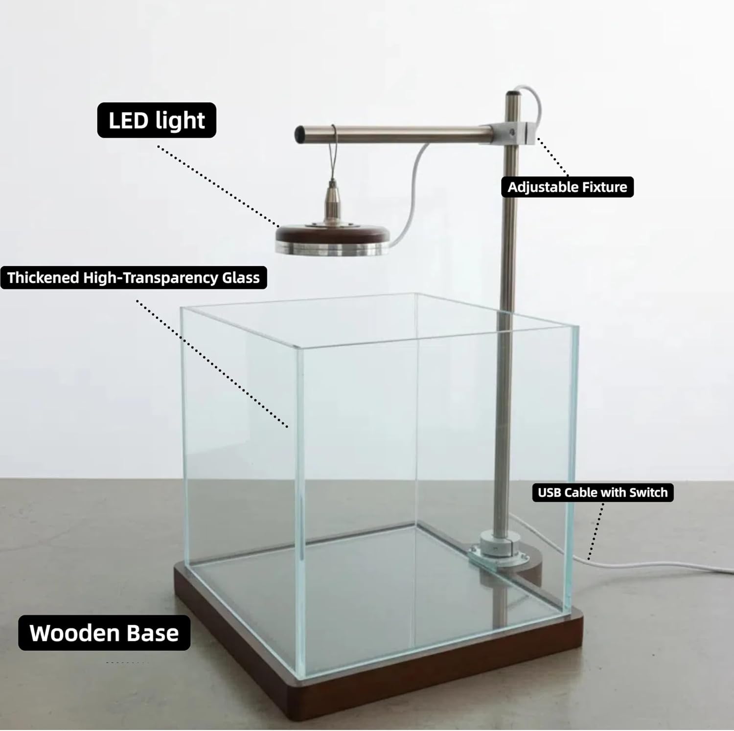 1.8 Gallon Small Fish Tank with LED Light & Wood Stand - 8 Inch Nano Aquarium Betta Tank Starter Kit - Includes Cleaning Tool, Cloth & Mat for Desktop, Office, Bedroom