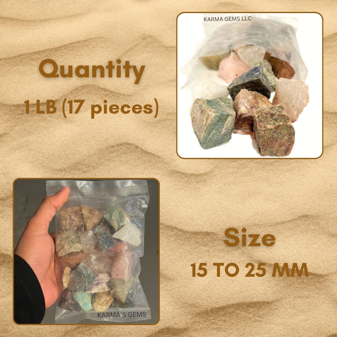 1 LB Bulk Rough Mix Crystals -17 Different Gemstone - 2000+ Carat - Natural Raw Stones for Tumbling, Cabbing, Fountain Rocks, Decoration, Polishing, Wire Wrapping, Wicca & Reiki - 1 Inch+ Size