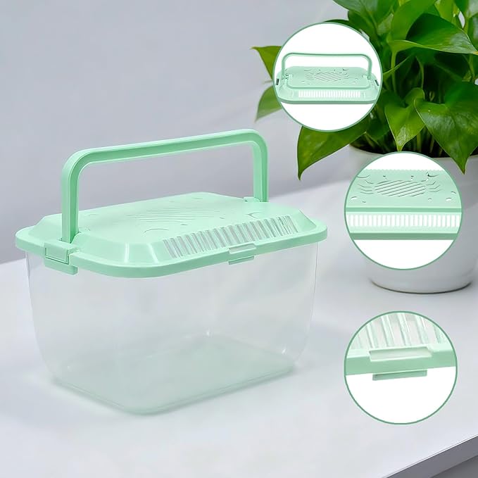 4 Pack Transparent Plastic Terrariums Carrier Cage with Handle, Fish Transport Container, Portable Tank for Hermit Crab, Fish and Other Sea Creature or Insect (2 Large + 2 Small)