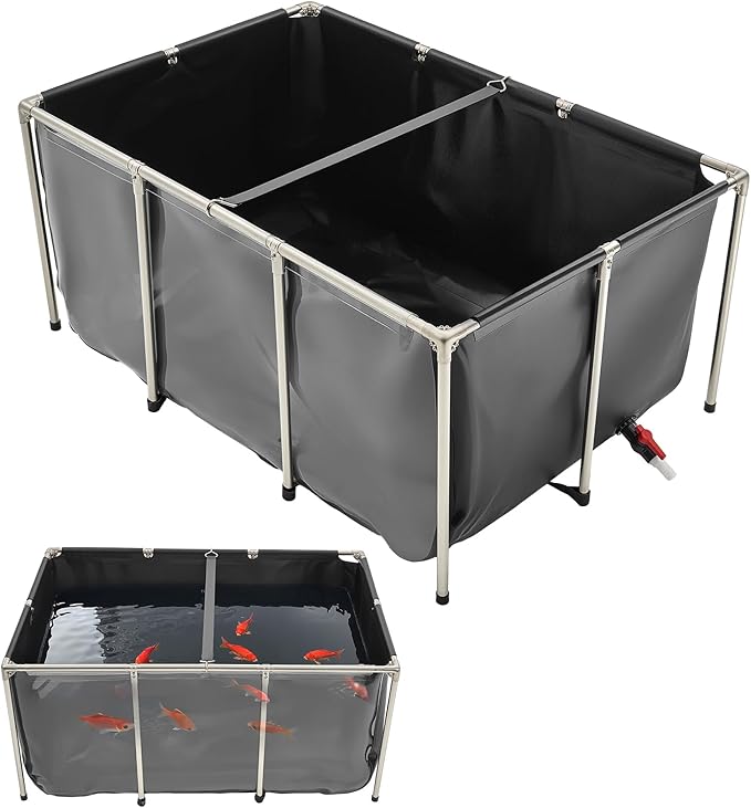 VEVOR Canvas Fish Pond, 270 Gal Above Ground Fish Pond, PVC Koi Tank with Clear Viewing Panel, Rectangular Goldfish Tank with Stainless Steel Frame & Drain Valve, for Breeding Koi, Irrigation(Black)