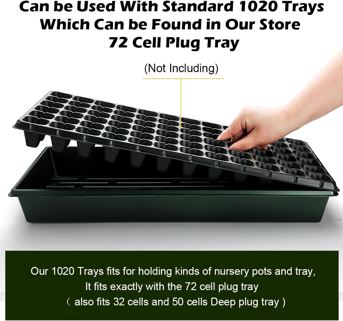 10 Pack 1020 Trays No Holes-Reusable Nursery Flats for 50/72 Cell Plug Tray, Heavy Duty Seed Starter Trays for Transplant, Seed Starting, Plant Propagation & Seed Germination (Dark Green)