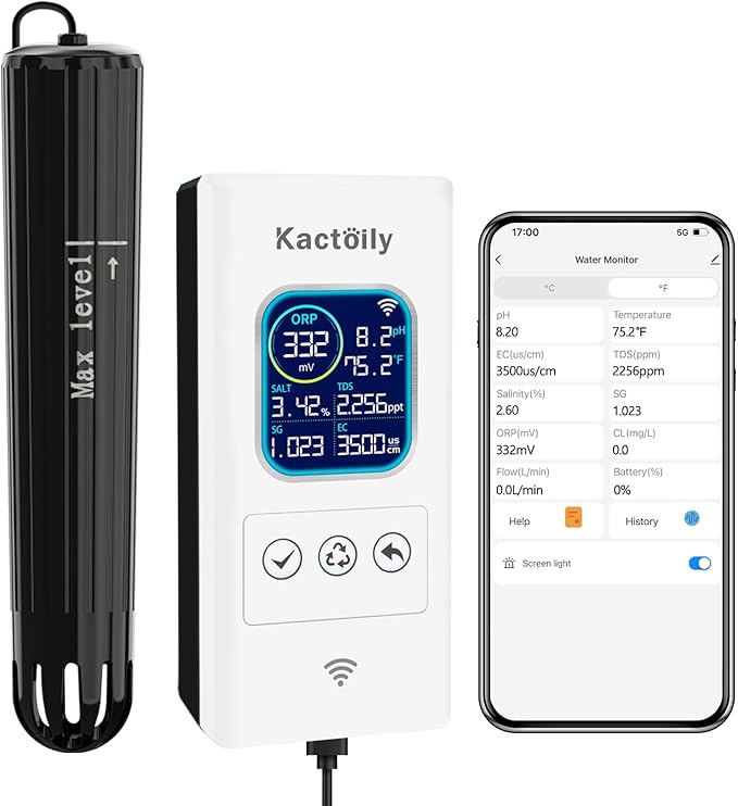 kactoily Smart Aquarium Water Monitor, Salinity pH ORP TDS EC Temp Multi-Parameter Tester for Freshwater Saltwater Fish Tanks Real-Time Alerts Upgraded Version