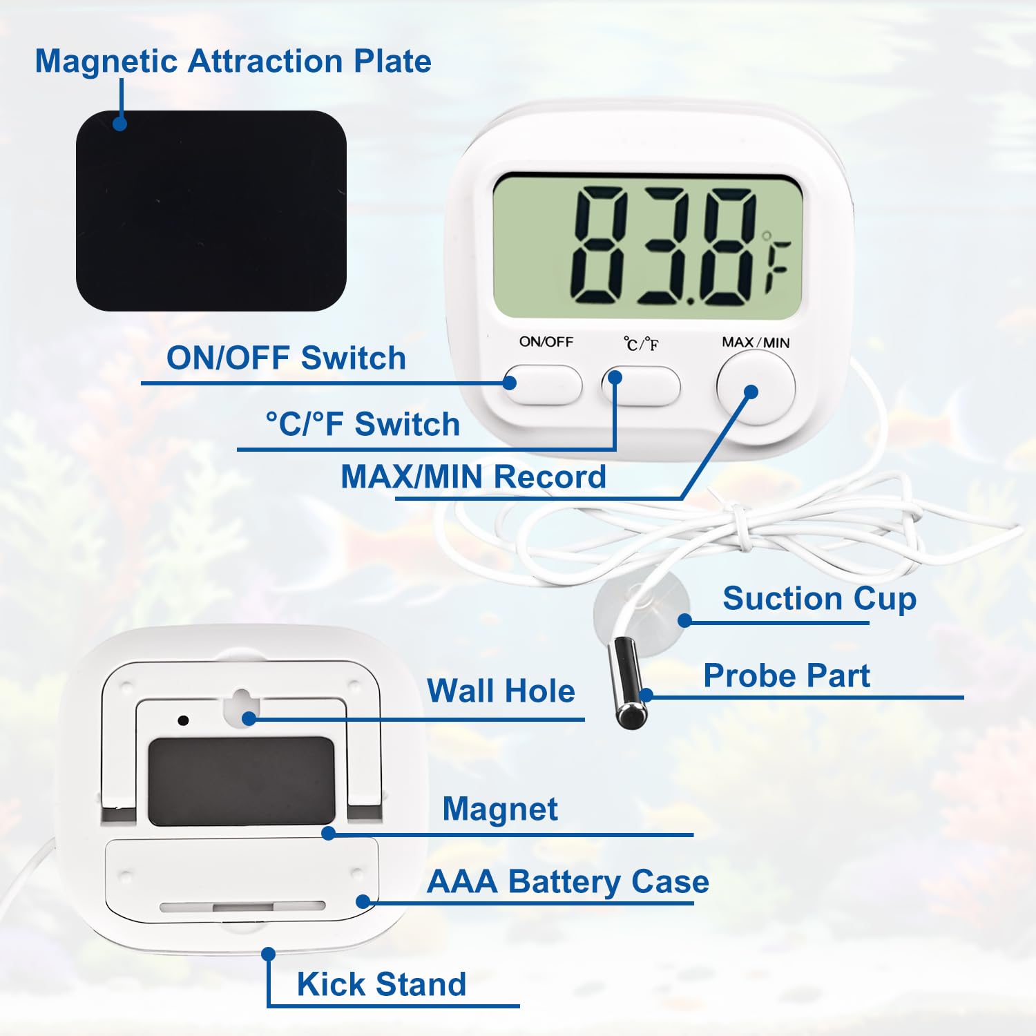 Digital Aquarium Water Thermometer with Large LCD Screen, Measurement Range -58℉ to 572℉, Display ±1℉/±0.5℃, Fish Tank Decoration Accessories, Idea for Reptile, Aquatic, Tub, Refrigerator and Freezer