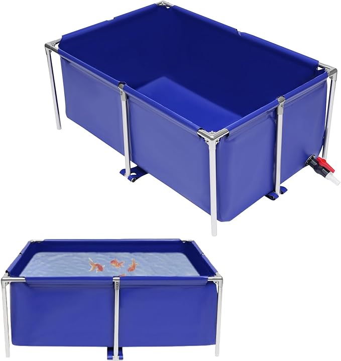 Canvas Fish Pond | Above Ground Fish Pond | Blue Aquarium Pool | Rectangular Goldfish Tank with Steel Frame & Drain Valve | for Breeding Koi, Irrigation | 47.2" L x 31.4" W x 19.6" H
