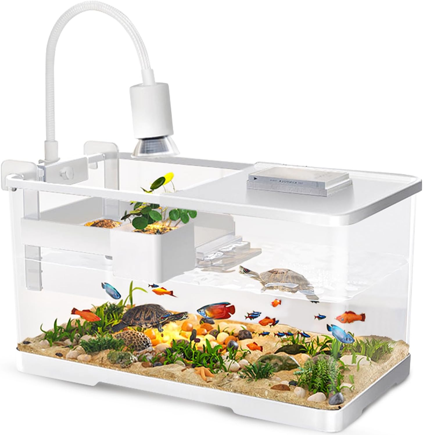 (Tank + Light + Filter + Filter Balls) Turtle Tank Kit, Turtle Tank Starter Kit,Bottom Drainage, Multi-Function Areas for Turtles, Crabs,Fishes, Amphibians,Reptiles. (15.75 x 8.64 x 8.64 Inch)