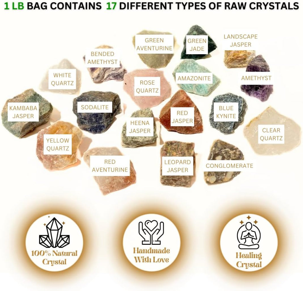 1 LB Bulk Rough Mix Crystals -17 Different Gemstone - 2000+ Carat - Natural Raw Stones for Tumbling, Cabbing, Fountain Rocks, Decoration, Polishing, Wire Wrapping, Wicca & Reiki - 1 Inch+ Size