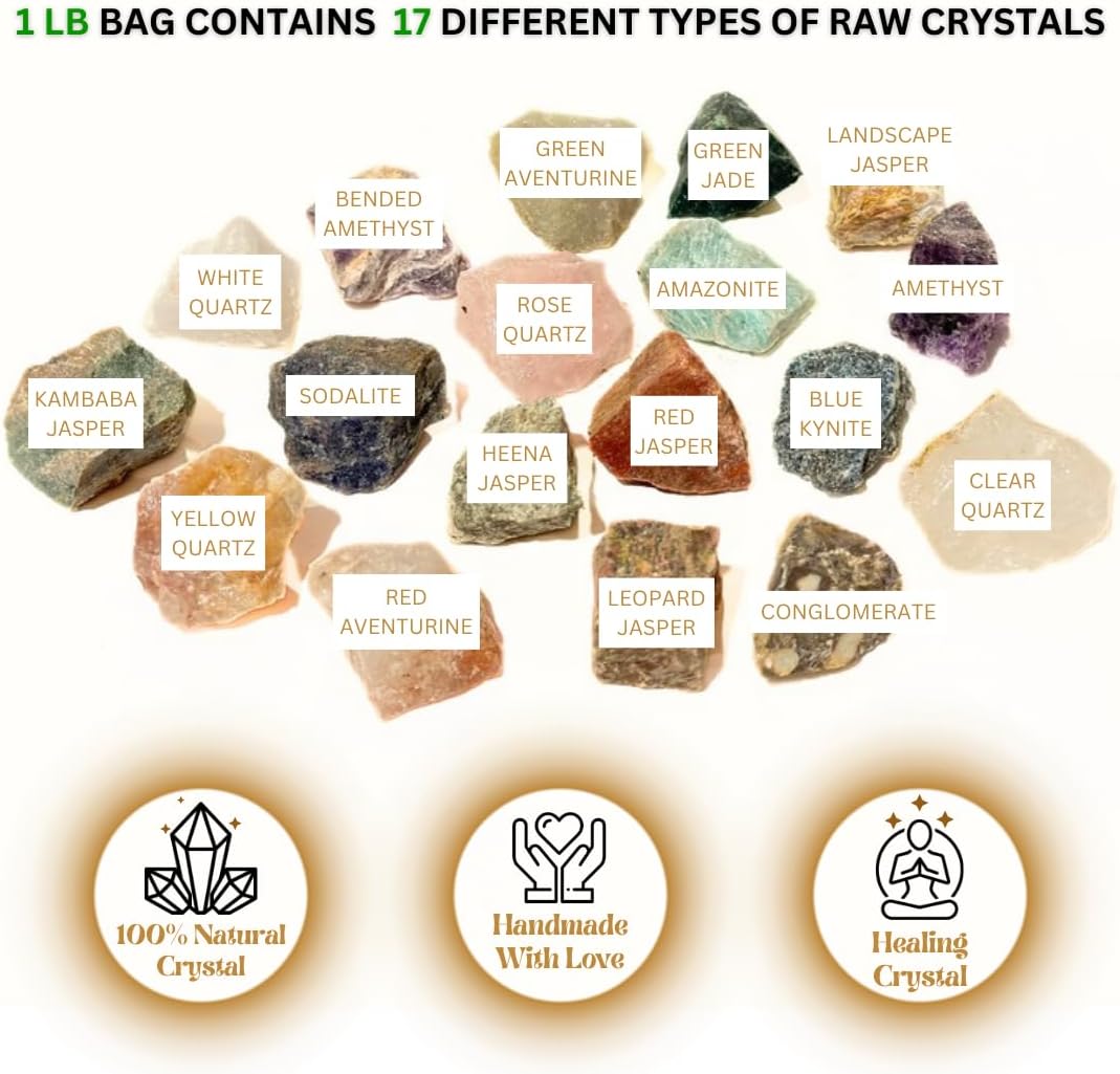 1 LB Bulk Rough Mix Crystals -17 Different Gemstone - 2000+ Carat - Natural Raw Stones for Tumbling, Cabbing, Fountain Rocks, Decoration, Polishing, Wire Wrapping, Wicca & Reiki - 1 Inch+ Size