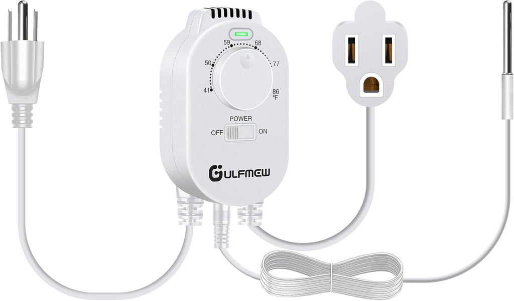 1 Pcs Thermostat Outlet for Heater, Temperature Controller Outlet with 4.9FT Power Cord, Heating and Cooling Thermostat Outlet with Temperature Probe for Space Heater, Greenhouse Fan (White)