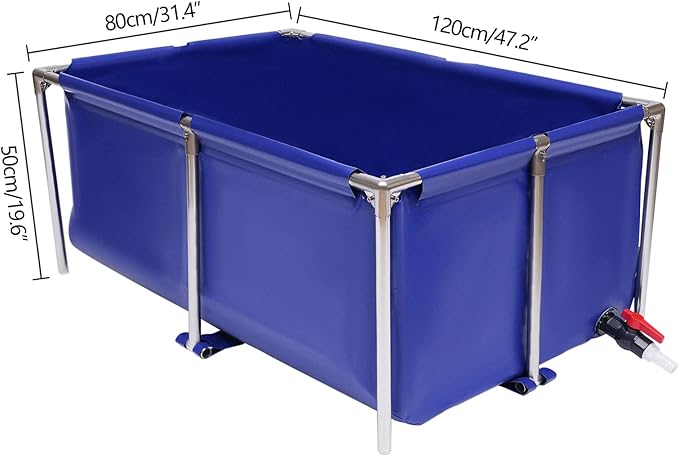 Canvas Fish Pond Blue Cube Canvas Pond Fish Show Tank with Stainless Steel Tubes Collapsible Storage Tank, Ornamental Aquarium Swimming Pool with Drain Blue Aquarium Pool