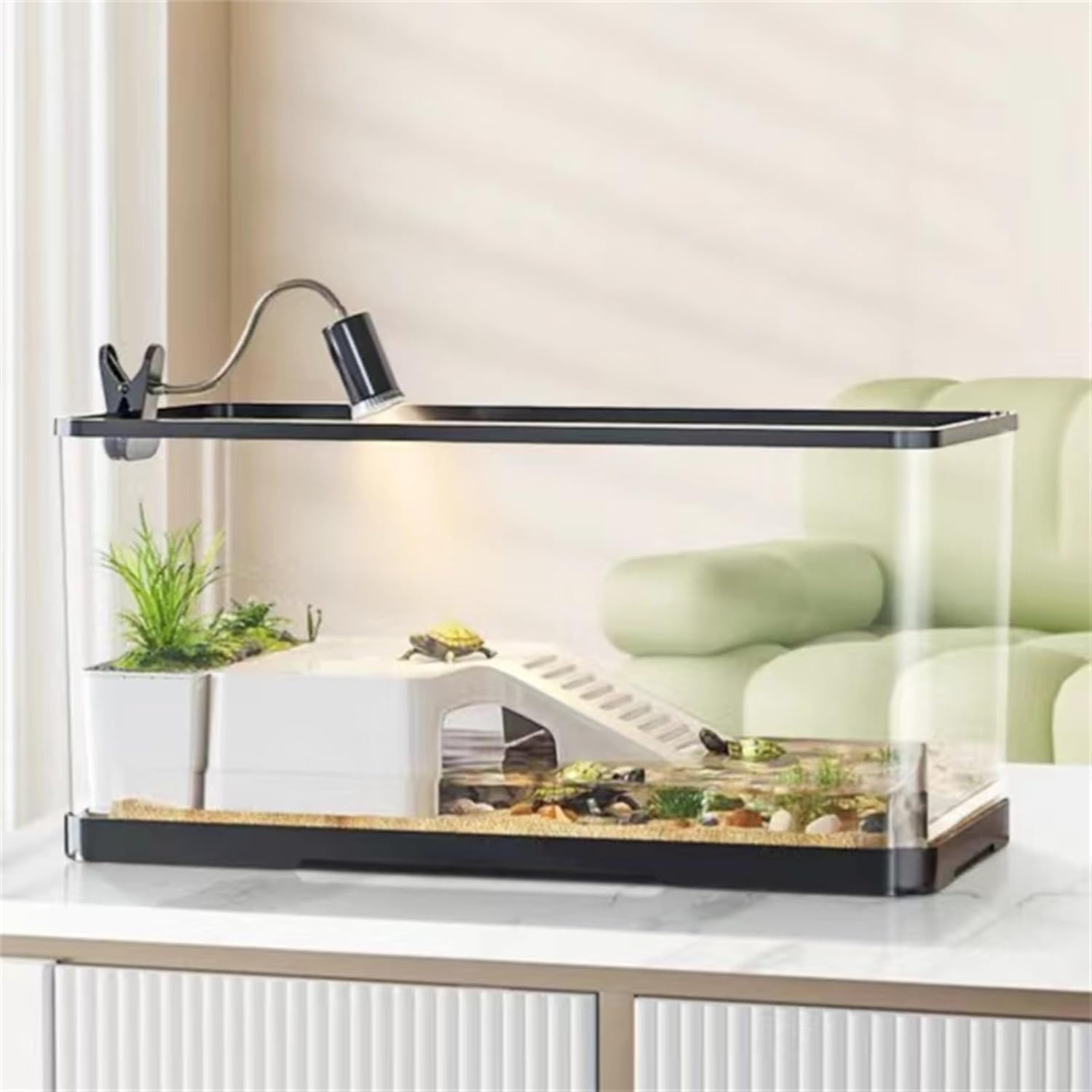 (Tank + Light + Filter + Filter Balls) Turtle Tank Kit, Turtle Tank Starter Kit,Bottom Drainage, Multi-Function Areas for Turtles, Crabs,Fishes, Amphibians,Reptiles.(21.65 × 12.28 × 12.28 Inch)