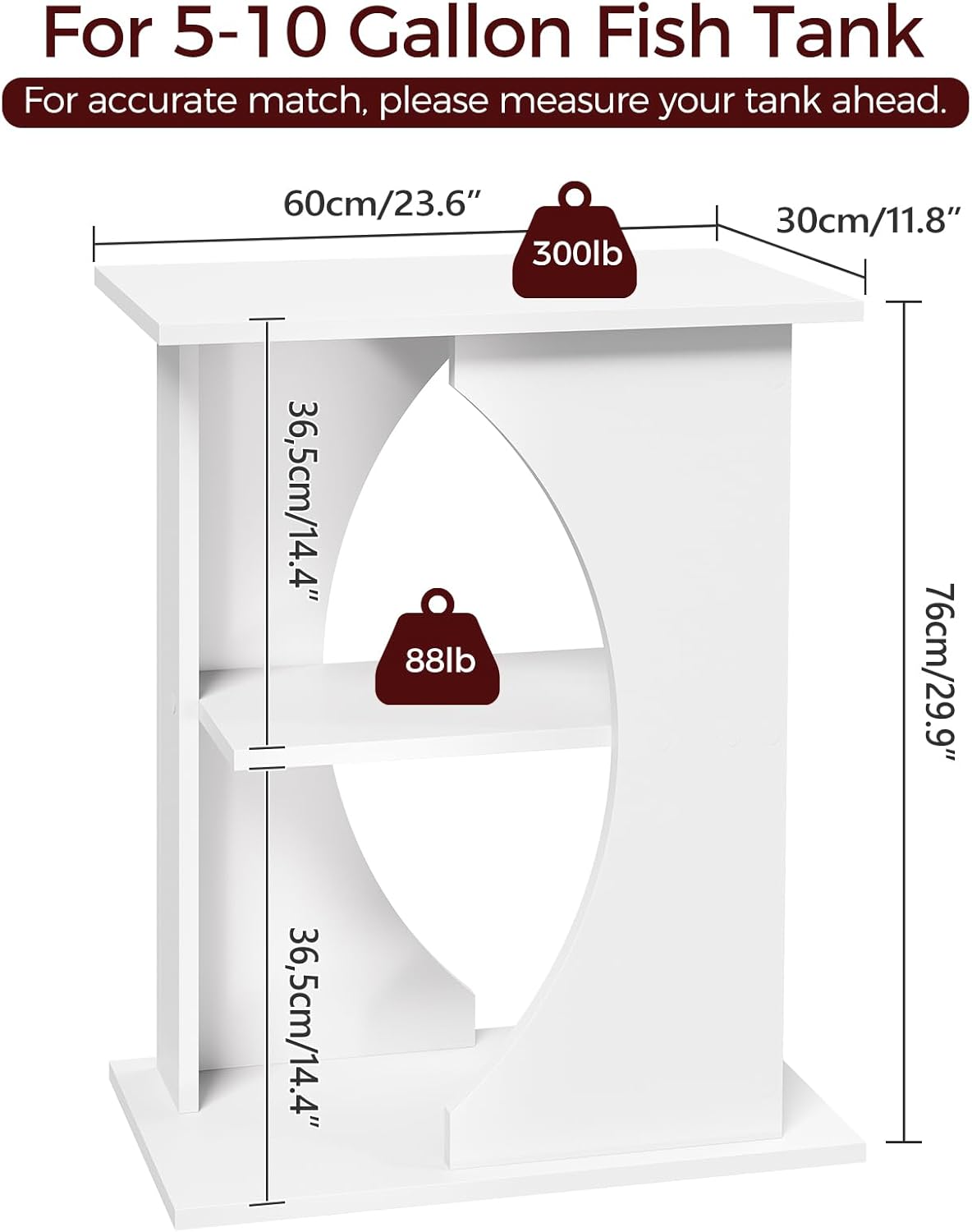 10 Gallon Fish Tank Stand, Wooden Aquarium Stand with 3-Tier Storage Shelves, Heavy Duty Turtle Reptile Terrarium Tank Stand for Home Office, 23.6" L x 11.8" W x 29.9" H, White FTWT7601
