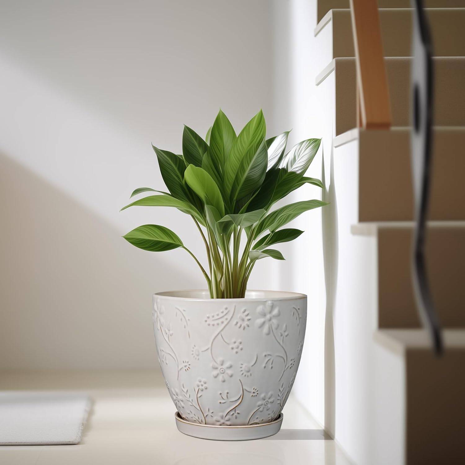 10 Inch Plant Pot Ceramic Planter Pot with Drainage Hole and Saucer Round Planter Large Flower Pot for Indoor Outdoor Plants Home Garden Decor White