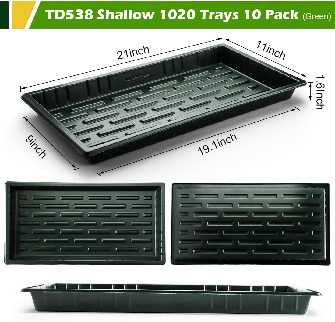 10 Pack Shallow 1020 Trays No Holes - Reusable 1.6" Deep Nursery Flats for 72/128 Cell Plug Tray, Heavy Duty Seed Starter Trays for Microgreens, Hydroponics & Seed Germination (Dark Green)