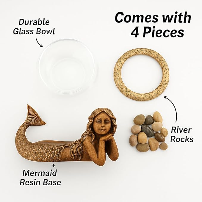 Mystical Mermaid Decorative Fish Bowl – 1 Gallon Glass Aquarium, Terrarium, or Candle Holder | Gold Antiqued Mermaid Figurine with Bowl, Accent Ring & River Rocks – Tabletop Home Décor Gift