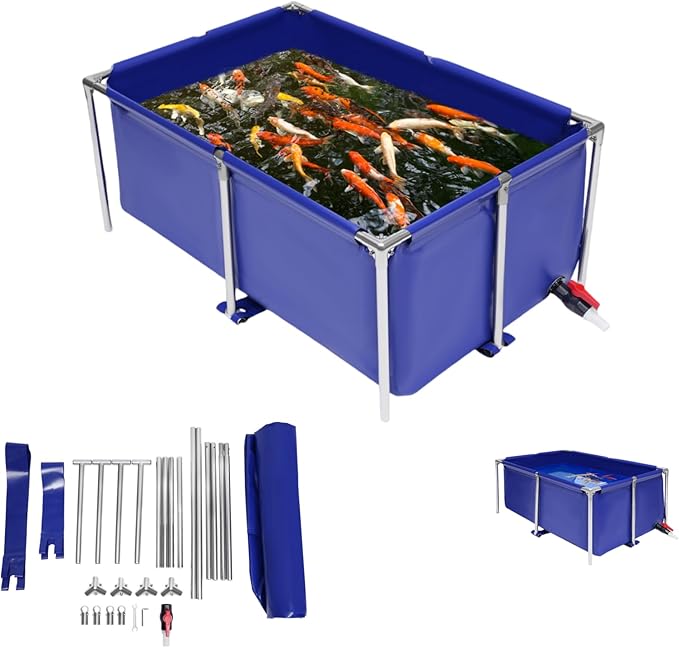 Canvas Fish Pond Blue Cube Canvas Pond Fish Show Tank with Stainless Steel Tubes Collapsible Storage Tank, Ornamental Aquarium Swimming Pool with Drain Blue Aquarium Pool