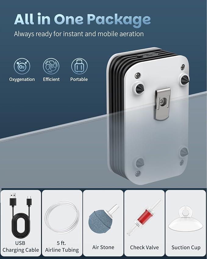 Pawfly USB Rechargeable Bait Aerator for Fishing, Portable Oxygen Pump for 5 to 100 Gallon Buckets, Livewells and Minnow Tanks