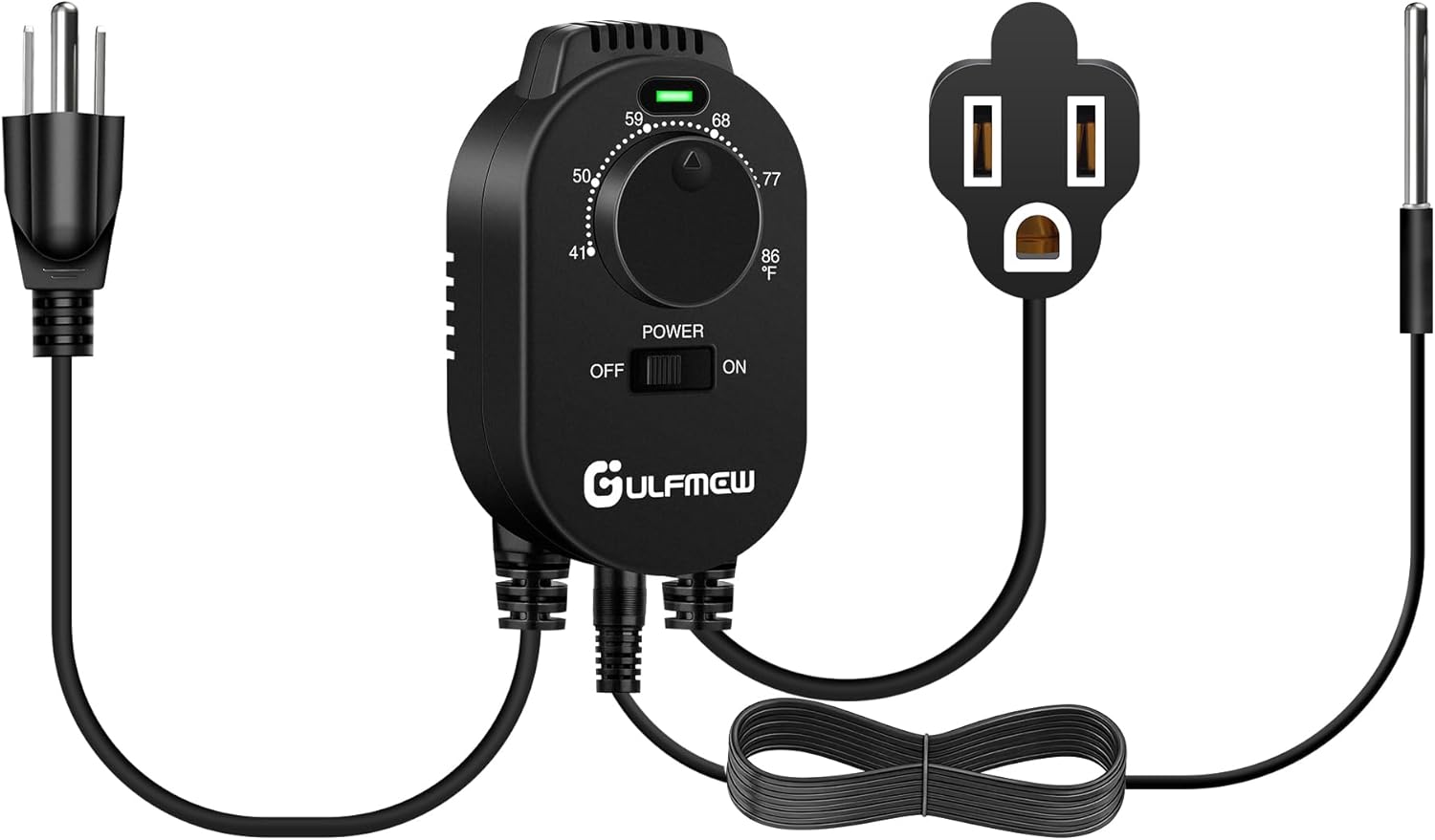 1 Pcs Thermostat Outlet for Heater, Temperature Controller Outlet with 4.9FT Power Cord, Heating and Cooling Thermostat Outlet with Temperature Probe for Space Heater, Greenhouse Fan (Black)