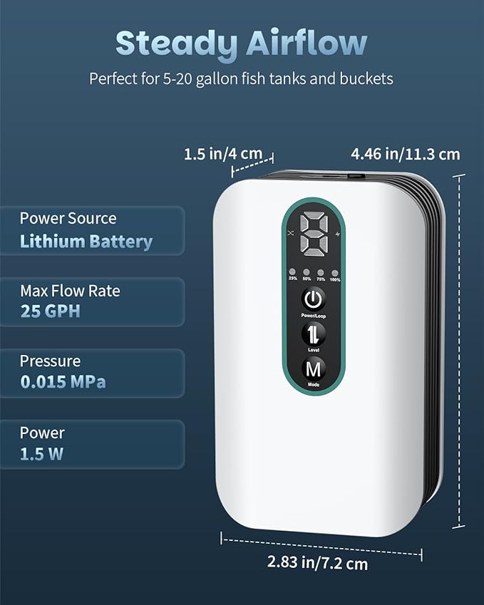 Pawfly USB Rechargeable Bait Aerator for Fishing, Portable Oxygen Pump for 5 to 100 Gallon Buckets, Livewells and Minnow Tanks