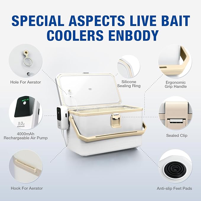 Ghosthorn Fishing Cooler 11QT/15QT Live Bait Cooler with 4000mAh Rechargeable Aerator for Fishing,Bait Bucket for Live Fish Shrimp,Portable Minnow Bucket for Boat Outdoors