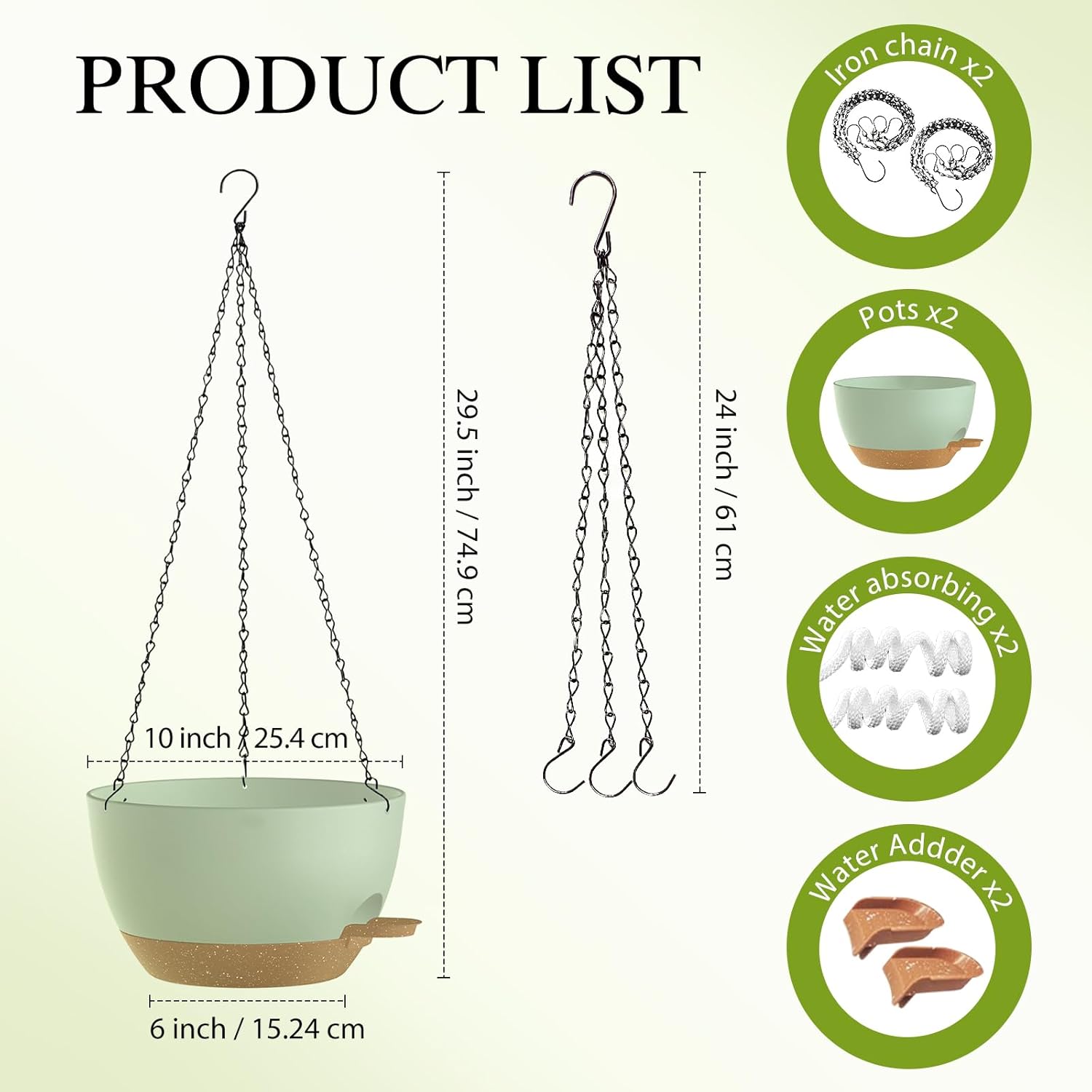 10 Inch Hanging Baskets 2 PC with Chains, Self-Watering Hanging Planters for Indoor Outdoor Plants, Plastic Hanging Flower Pots,Green Brown