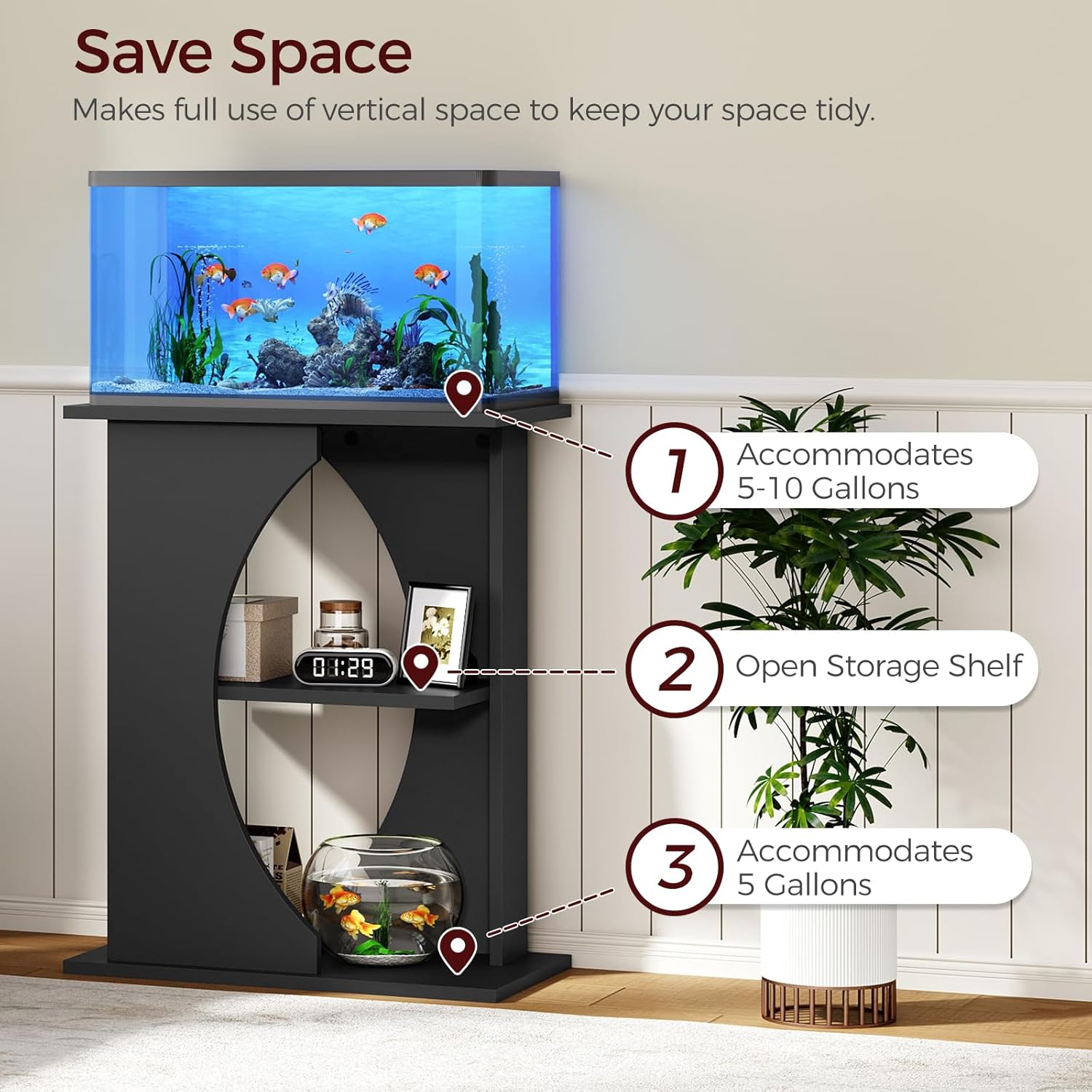 10 Gallon Fish Tank Stand, Wooden Aquarium Stand with 3-Tier Storage Shelves, Heavy Duty Turtle Reptile Terrarium Tank Stand for Home Office, 23.6" L x 11.8" W x 29.9" H, Black FTBK7601