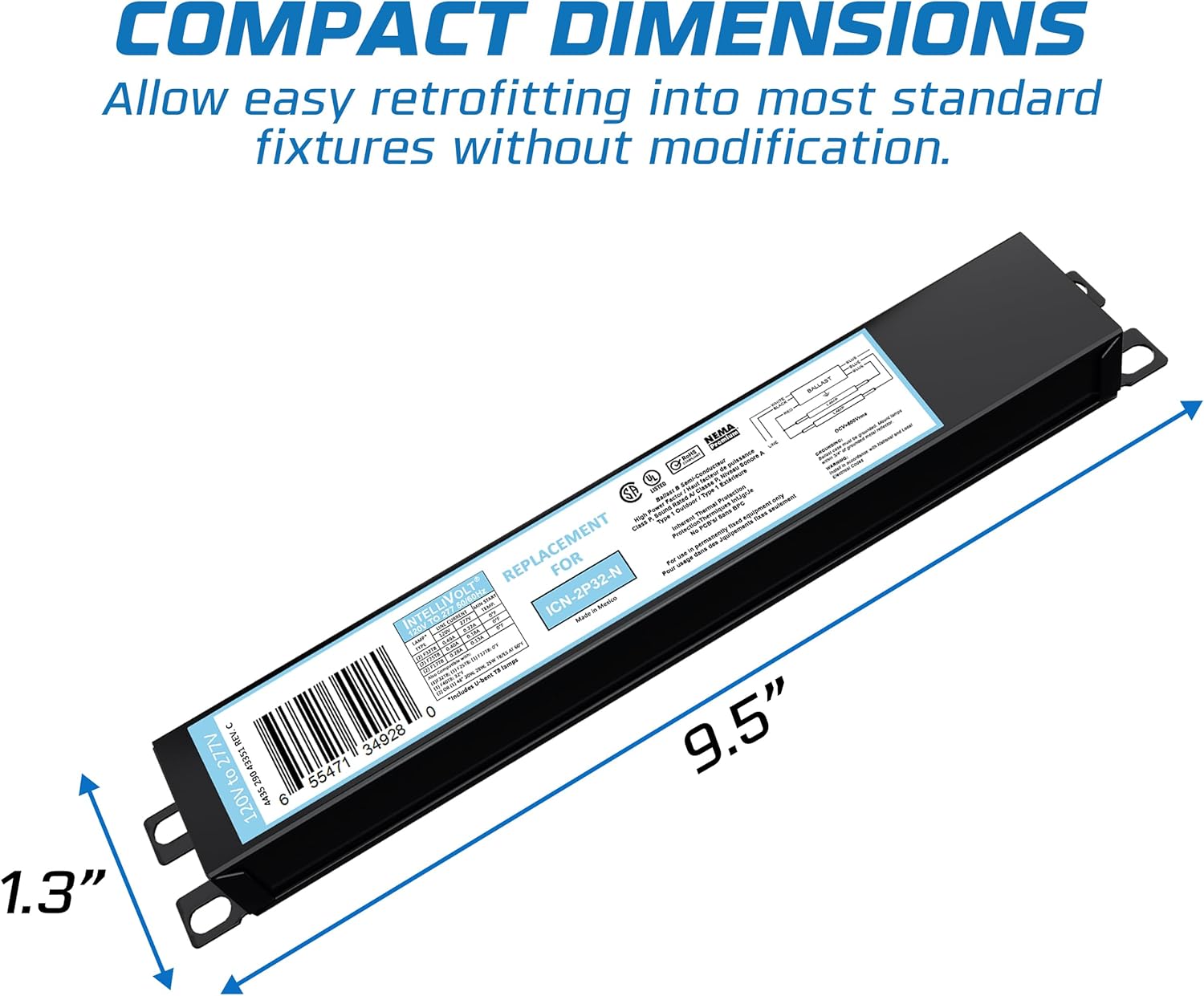 10 Pack - Replacement for ICN-2P32-SC 1 & 2 Lamp T8 Fluorescent Electronic Ballast - 120-277 Volt - Instant Start - UL Approved