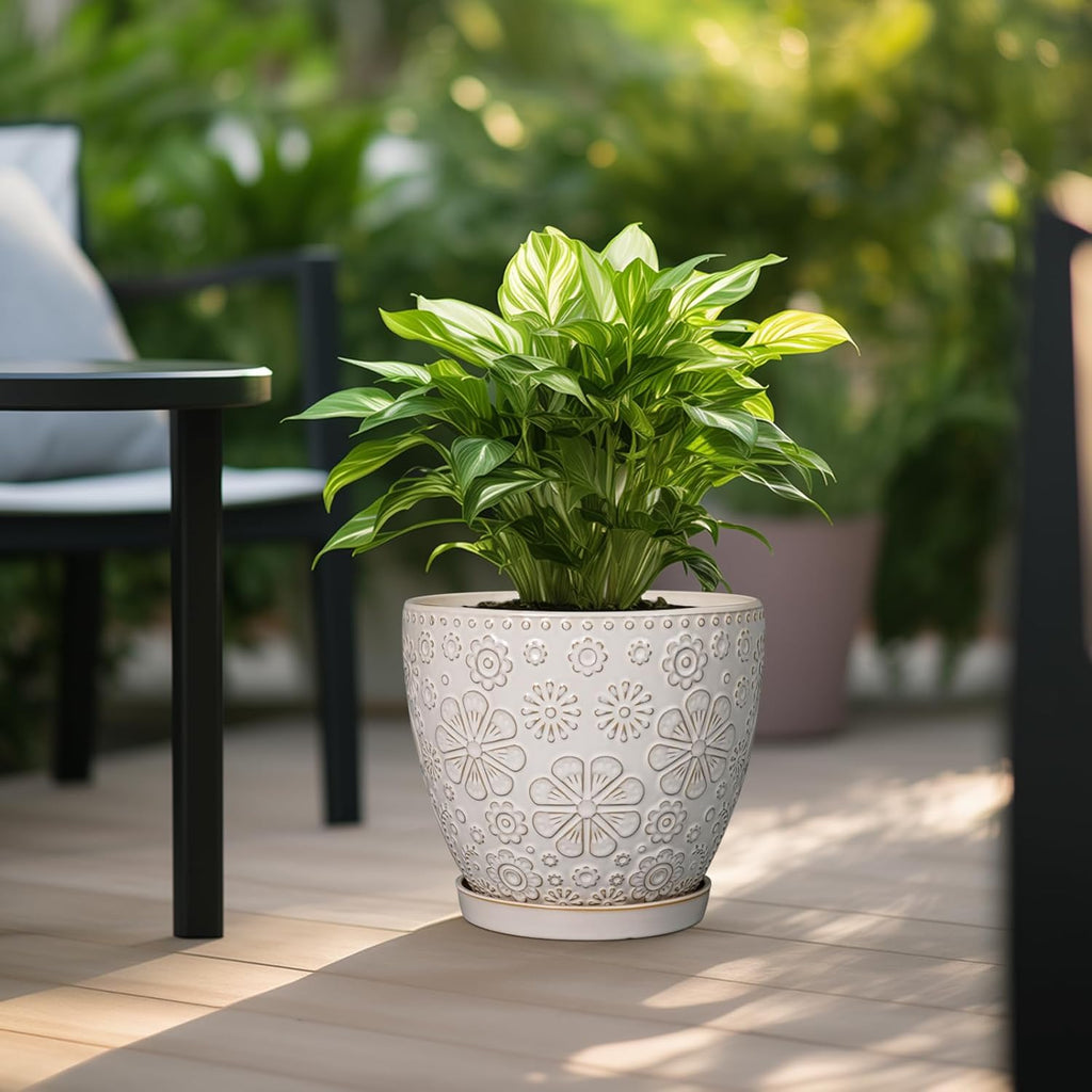 10 Inch Ceramic Planter Pot Large Plant Pot for Indoor Plants Outdoor Round Flower Pot with Drainage Hole and Saucer for Home Garden Decor White