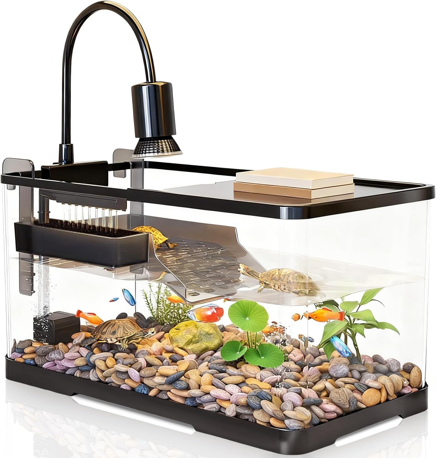 (Tank + Light +Pump + Filter Balls) Turtle Tank Kit, Turtle Tank Starter Kit,Bottom Drainage, Multi-Function Areas for Turtles, Crabs,Fishes, Amphibians,Reptiles. (21.65 x 12.28 x12.28 Inch)