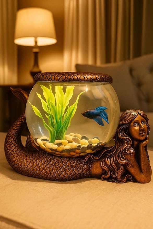 Mystical Mermaid Decorative Fish Bowl – 1 Gallon Glass Aquarium, Terrarium, or Candle Holder | Gold Antiqued Mermaid Figurine with Bowl, Accent Ring & River Rocks – Tabletop Home Décor Gift