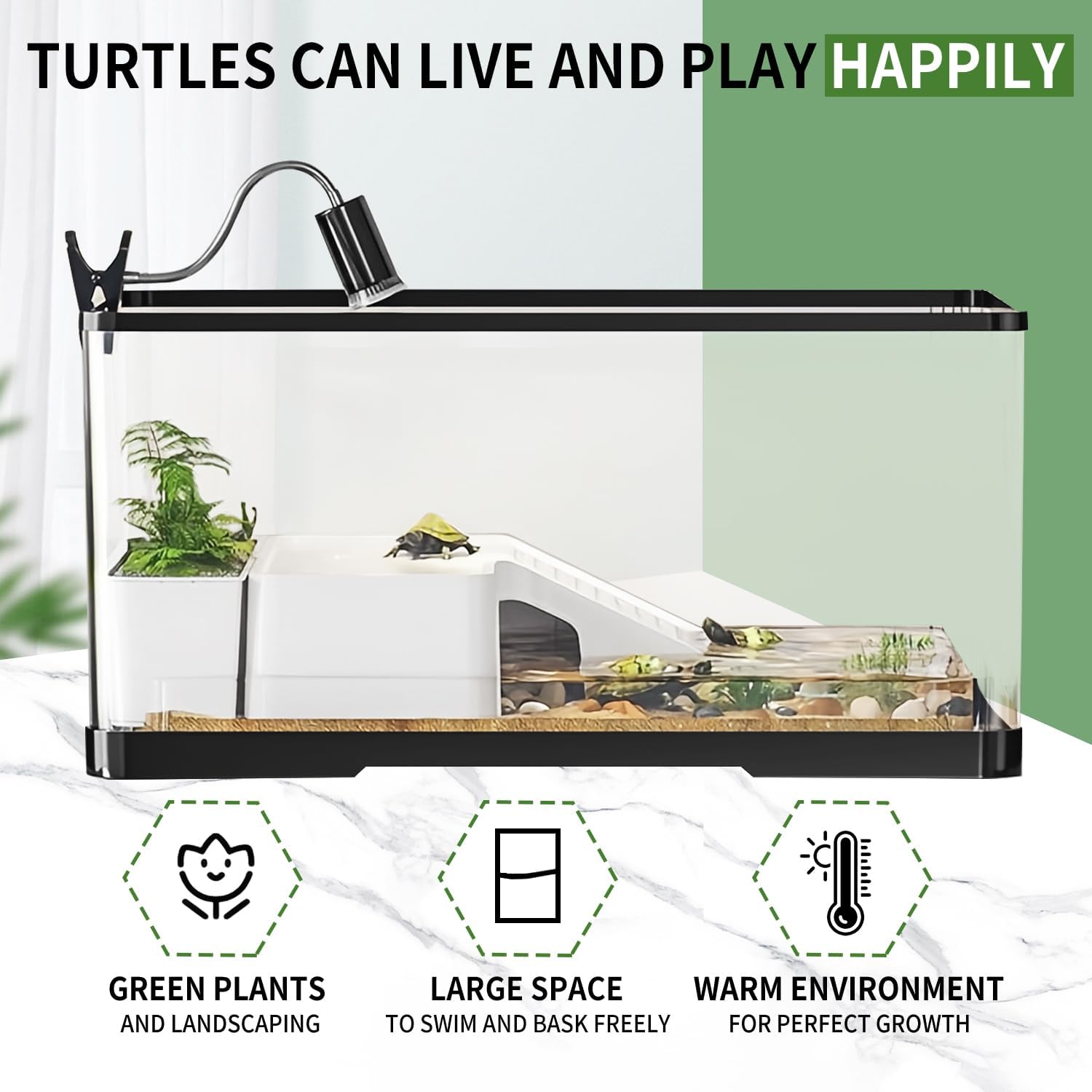 (Tank + Light + Filter + Filter Balls) Turtle Tank Kit, Turtle Tank Starter Kit,Bottom Drainage, Multi-Function Areas for Turtles, Crabs,Fishes, Amphibians,Reptiles.(15.75 x 8.64 x 8.64 Inch)
