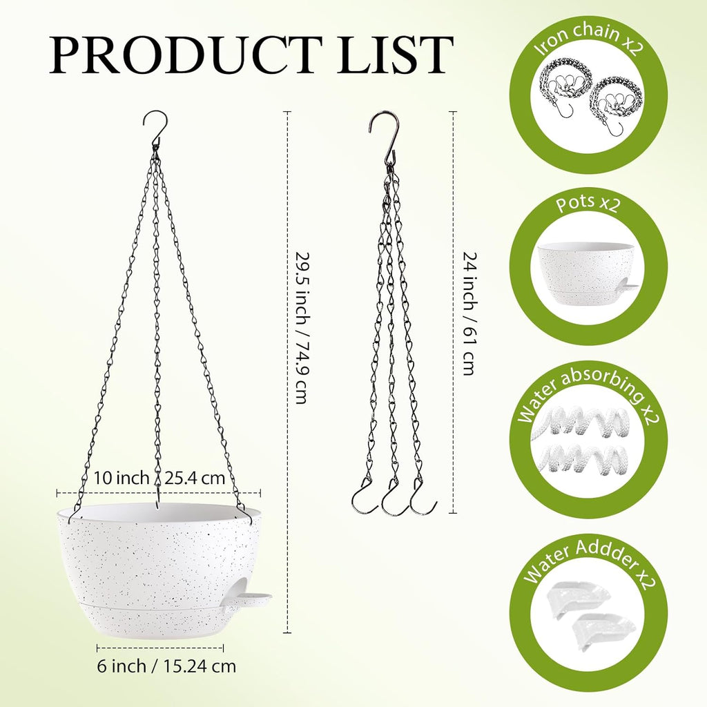 10 Inch Hanging Baskets 2 PC with Chains, Self-Watering Hanging Planters for Indoor Outdoor Plants, Plastic Hanging Flower Pots,Speckled White