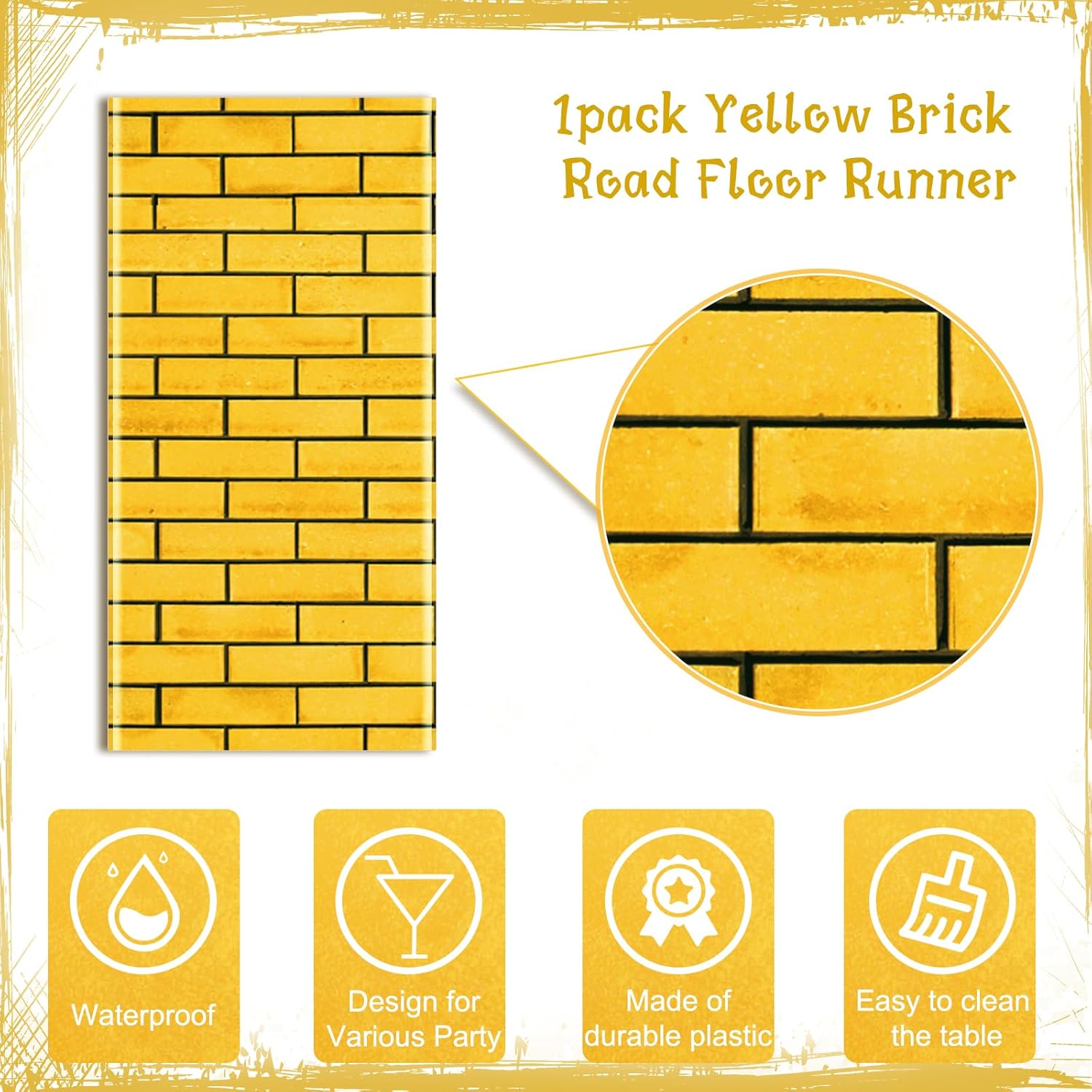 1 Pcs 4.5 x 9 Feet Yellow Brick Road Floor Runner for Wizard Oz Party Decorations,Large Disposable Brick Stone Wall Backdrop Tablecloth for Halloween Princess Cosplay Medieval Castle Party Supplies