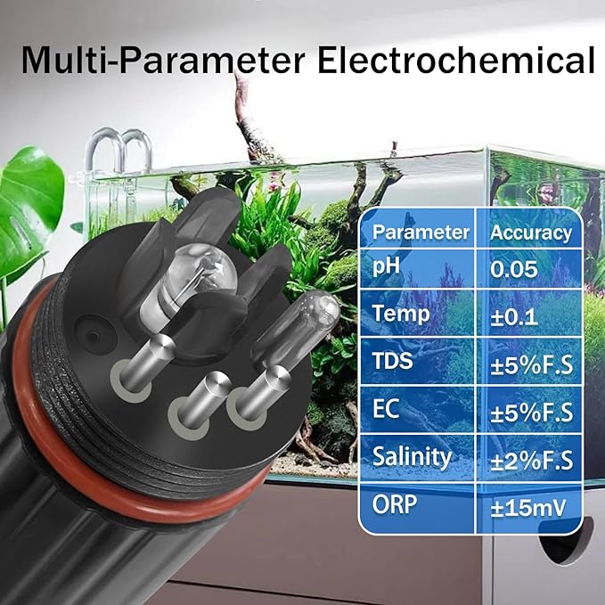kactoily Smart Aquarium Water Monitor, Salinity pH ORP TDS EC Temp Multi-Parameter Tester for Freshwater Saltwater Fish Tanks Real-Time Alerts Upgraded Version