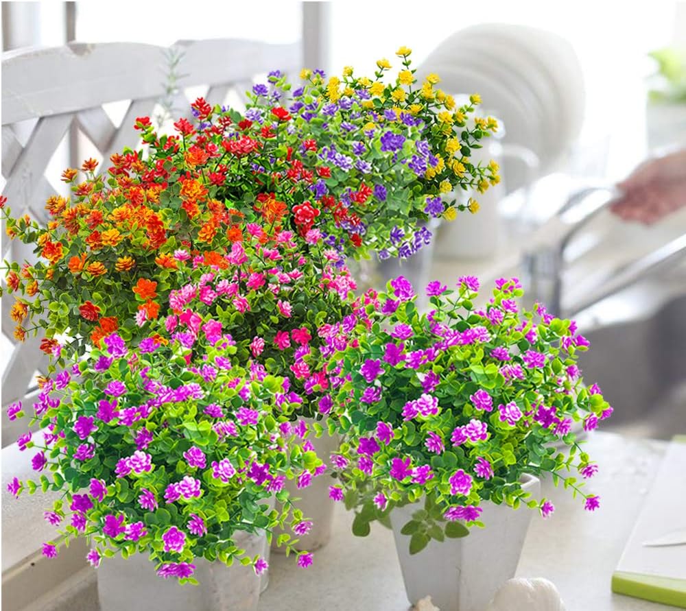 10 Bundles Artificial Fake Flowers, Faux Outdoor Plastic Plants UV Resistant Shrubs Outside Indoor Decorations (Purple-Eucalyptus)