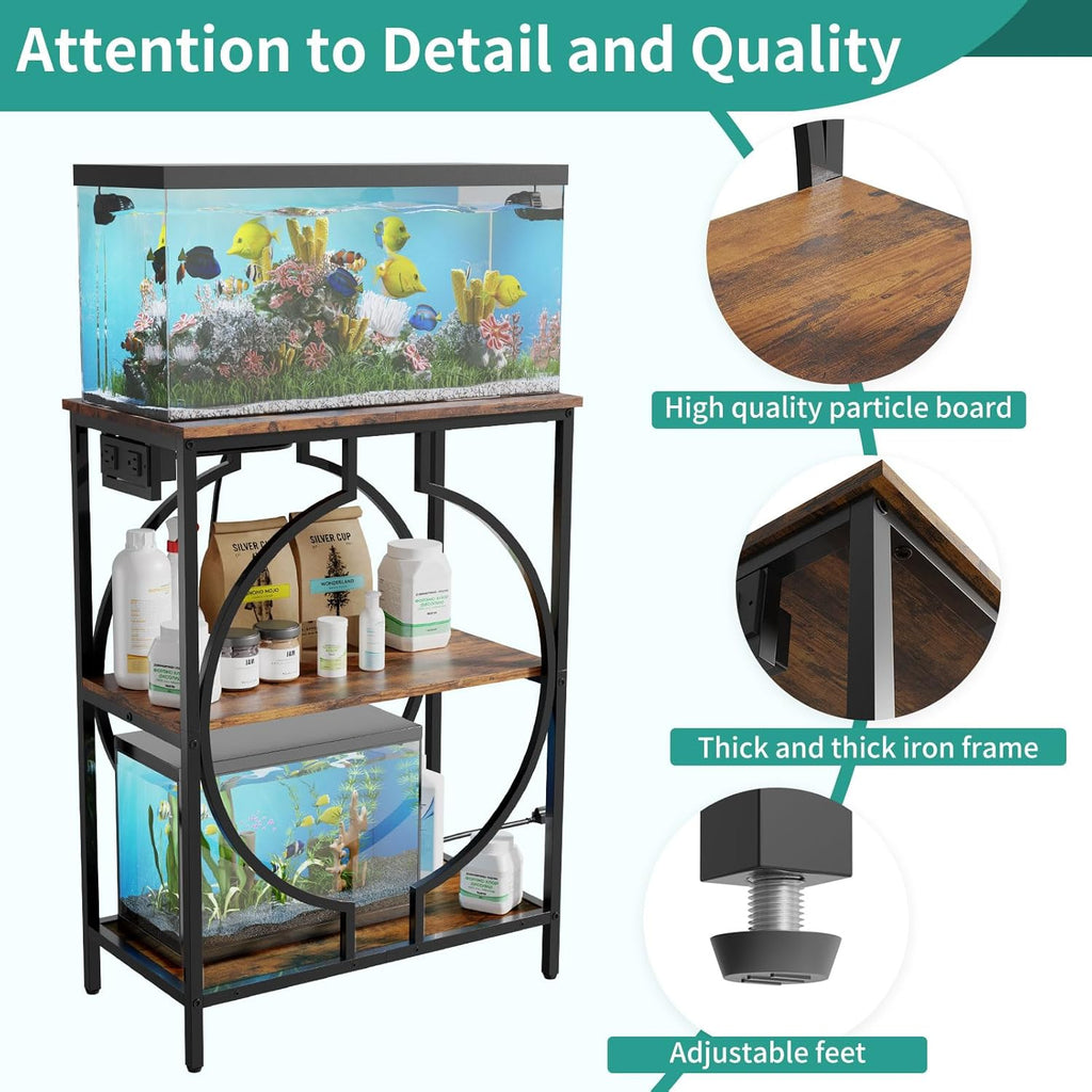 10 Gallon Aquarium Stand with Power Outlet, 3 Tier Heavy Duty Metal Fish Tank Stand with Storage, Fish Tank Table for Home Office, 21.3" x 11.8" x 29", Rustic Brown