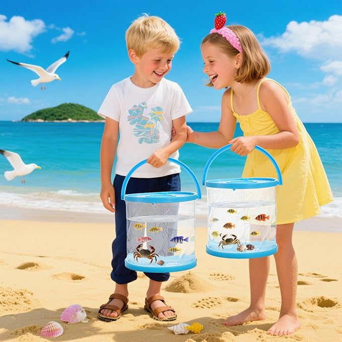 2 Pack Foldable Small Aquarium, Plastic Portable Fish Tank with Lid, Clear Fish Transport Container Fishing Bucket for Catch Release, Beach Travel, Lake, Outdoor, Blue