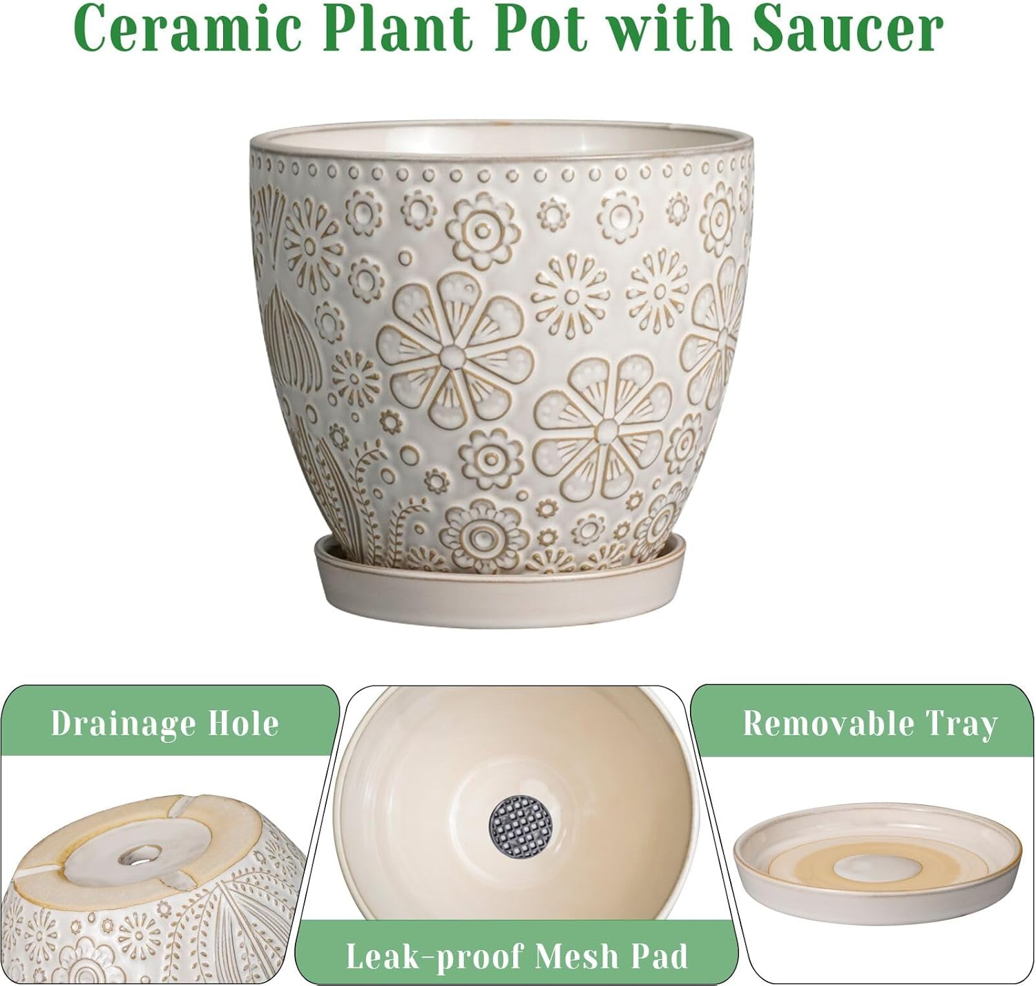 10 Inch Ceramic Planter Pot Large Plant Pot for Indoor Plants Outdoor Round Flower Pot with Drainage Hole and Saucer for Home Garden Decor White