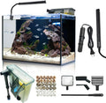 10 Gallon Aquarium Set Glass Fish Tank, Heater Self Cleaning System Filter with Media Bright Light Cleaning Tool, Leak-Proof Clear Rimless Betta Tropical Freshwater Fish