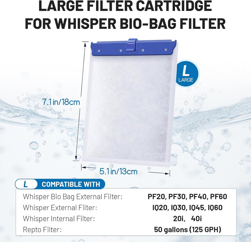 10 Count Large Filter Cartridges Compatible with Whisper Bio Bag Filters, Large Aquarium Filter Cartridge for Whisper 20i 40i, IQ20/30/45/60, PF20/30/40/60 and Repto Filter