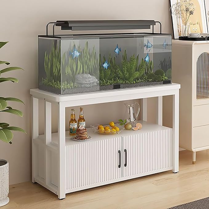 5-75 Gallon Aquarium Stands, 3 Tier Metal Frame Fish Tank Stand with Cabinet Storage, Reptile Tank Stand for Home Living Room Bedroom Office, 2200LBS Capacity (white+white, L23.6″*W11.8″*H23.6″)