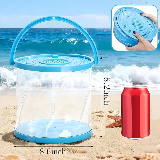 2 Pack Foldable Small Aquarium, Plastic Portable Fish Tank with Lid, Clear Fish Transport Container Fishing Bucket for Catch Release, Beach Travel, Lake, Outdoor, Blue