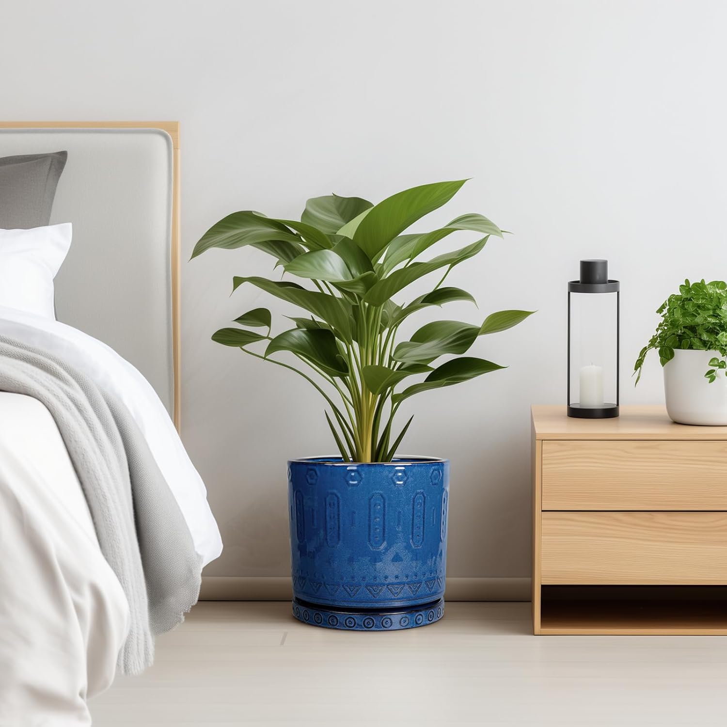 10 Inch Plant Pot - Ceramic Planter Outdoor Plant Pot Indoor with Drainage Holes and Saucer Large Flower Pot Round Decorative Planter for Garden Patio Decor Blue