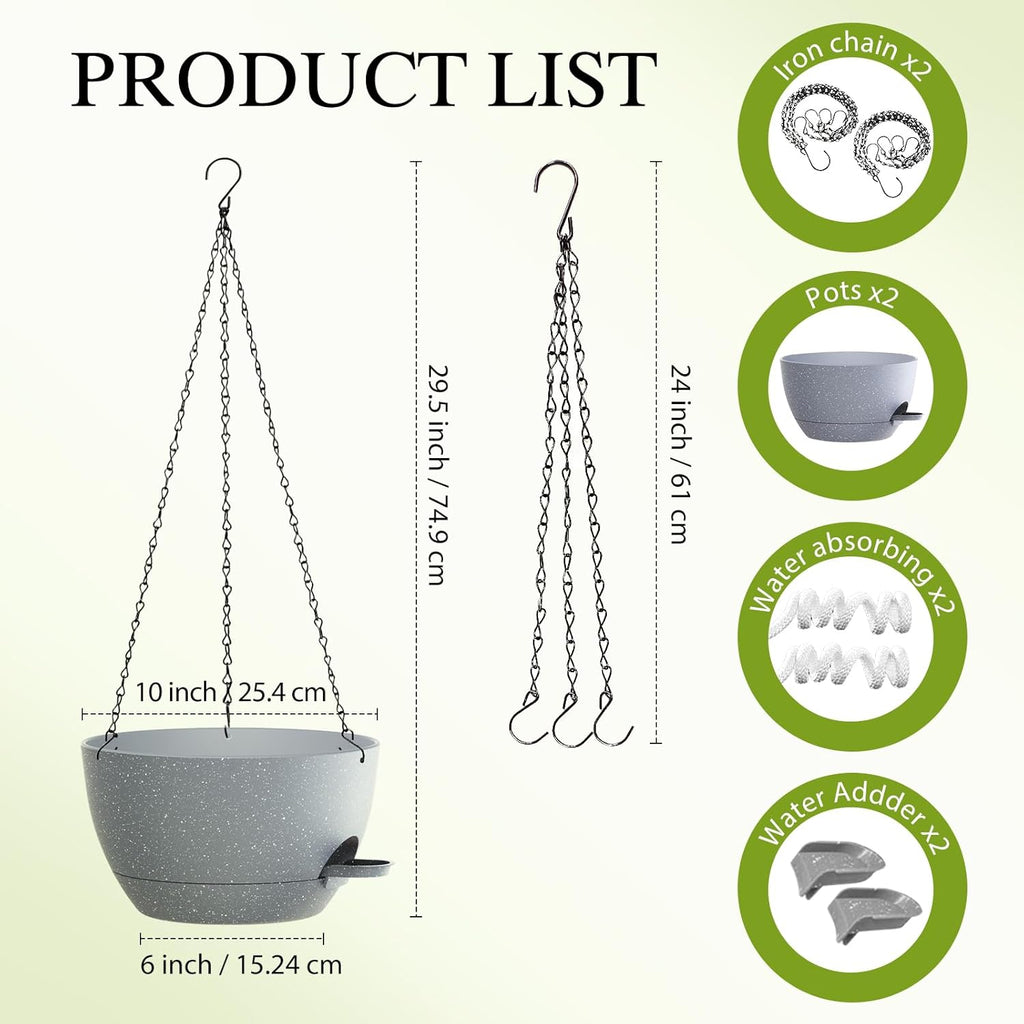 10 Inch Hanging Baskets 2 PC with Chains, Self-Watering Hanging Planters for Indoor Outdoor Plants, Plastic Hanging Flower Pots,Speckled Grey