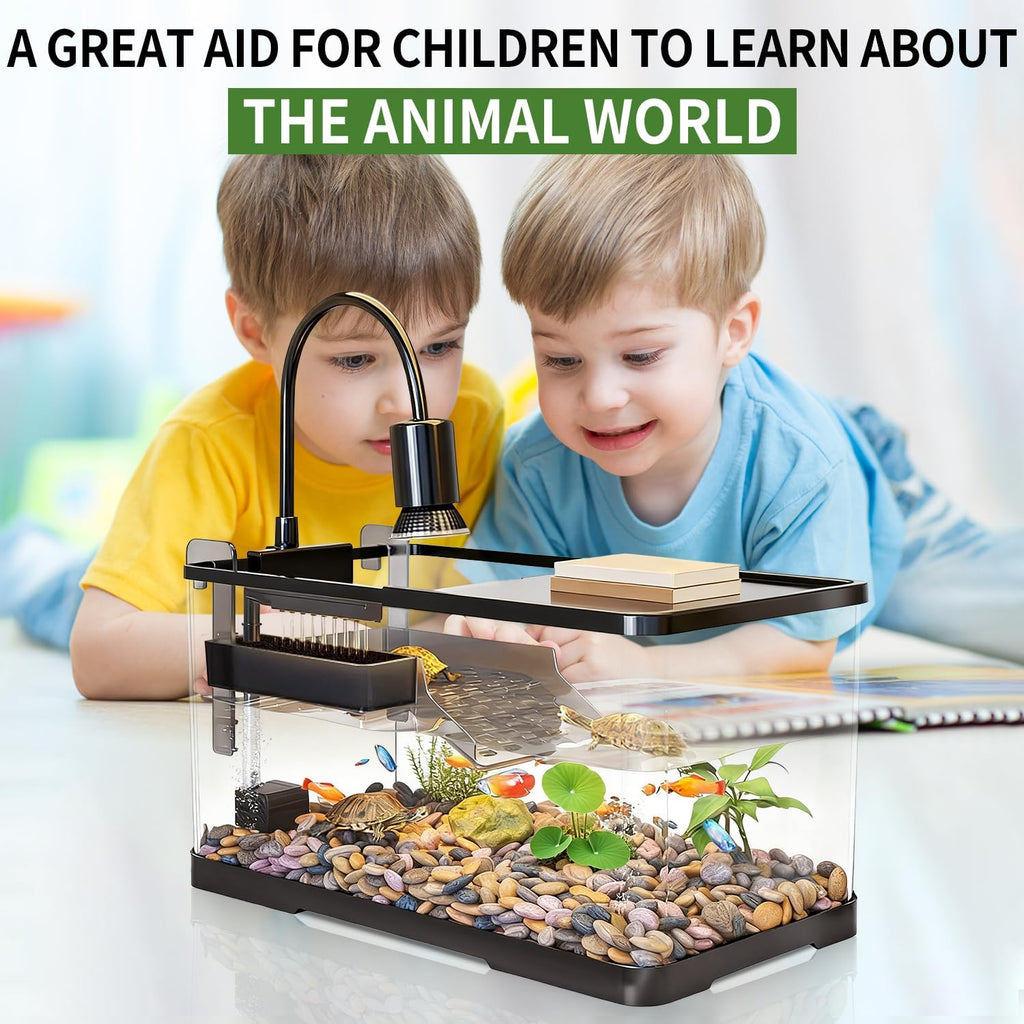 (Tank + Light +Pump + Filter + Filter Balls) Turtle Tank Kit, Turtle Tank Starter Kit,Bottom Drainage, Multi-Function Areas for Turtles, Crabs,Fishes, Amphibians,Reptiles. (21.65 x 12.28 x12.28 Inch)