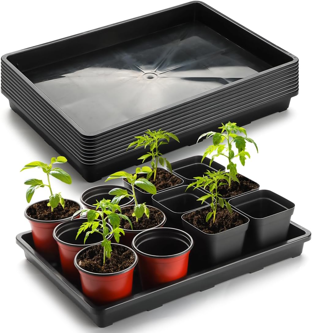 10 Pack Nursery Pots Trays (17"x11"x2"), Plastic Flat Seed Starter Trays, Durable Carrying Seedling Starter Tray, Reusable Tray for Planting and Collecting Drainage Water (Black)