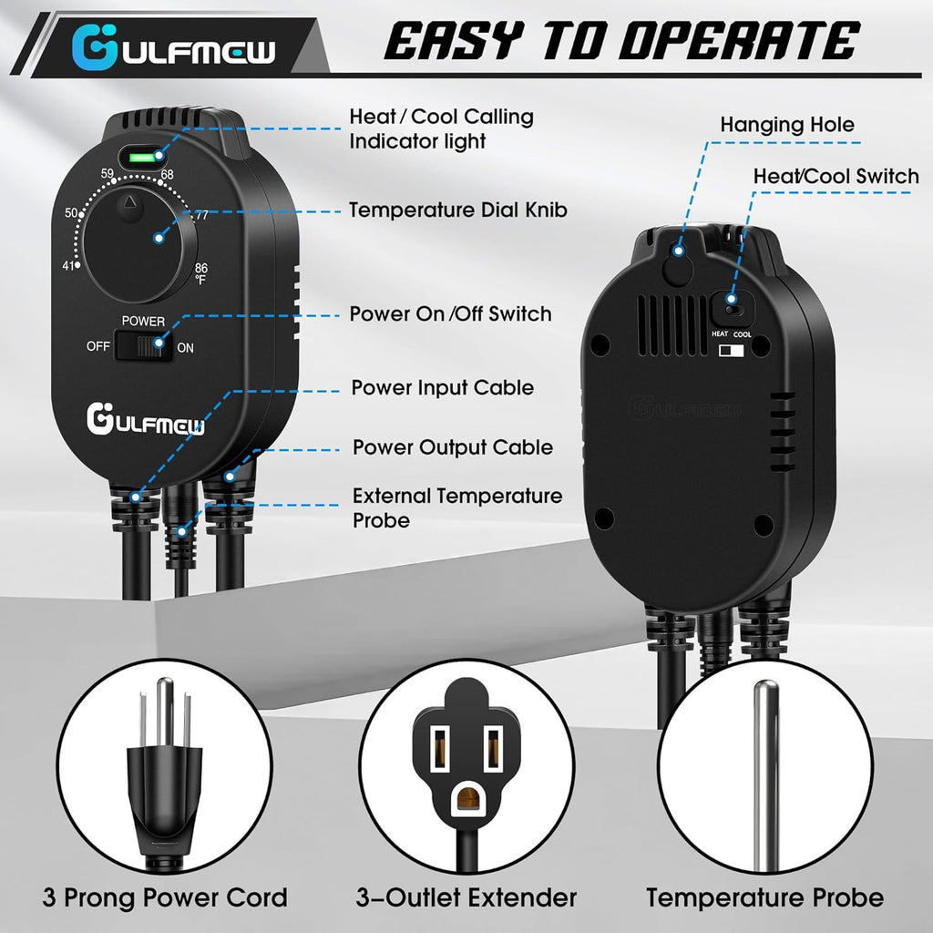1 Pcs Thermostat Outlet for Heater, Temperature Controller Outlet with 4.9FT Power Cord, Heating and Cooling Thermostat Outlet with Temperature Probe for Space Heater, Greenhouse Fan (Black)